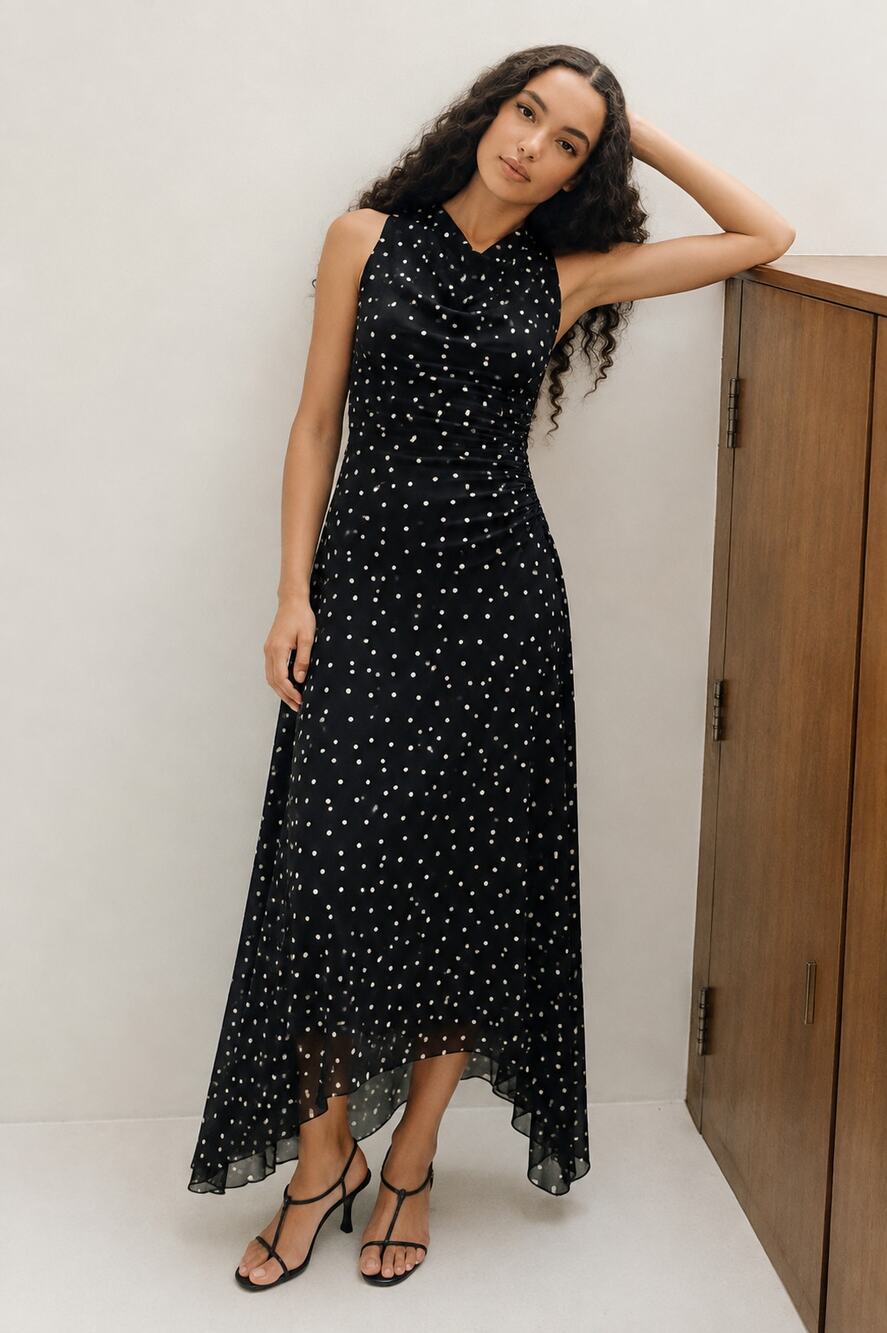 MON RENN | NEW Vesper Spot Dress Black White Polka Dot Maxi S